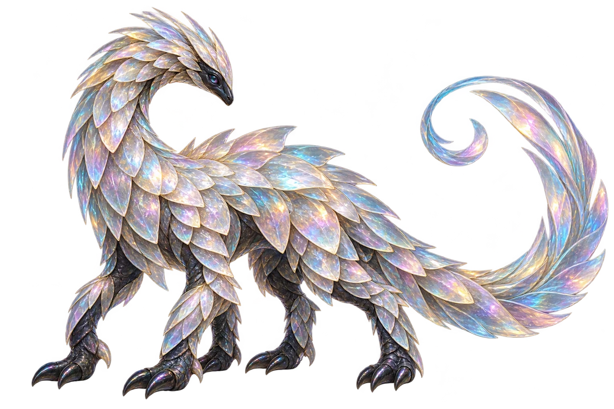 The Prism Warden, an iridescent armored cryptid with a crescent neck and curled glass tail